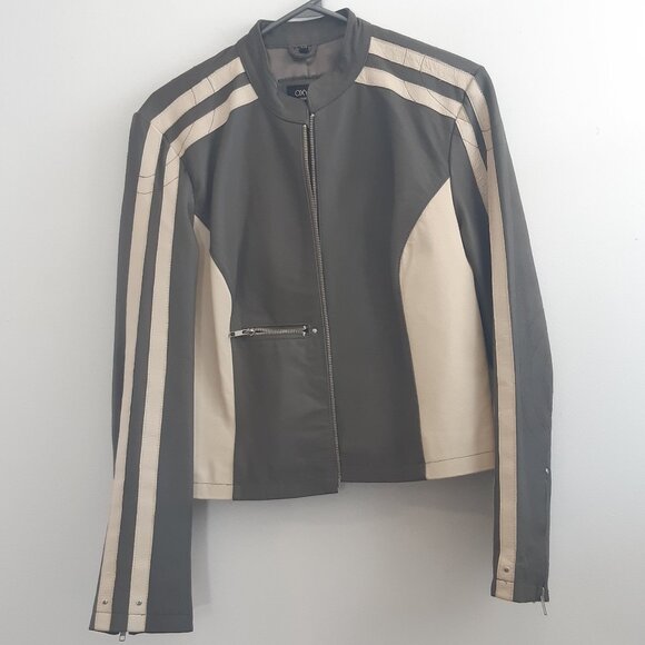 OXYHO Sorento Large Women's Genuine Leather Coat, Two-Tone Olive/Grey + Beige - Picture 1 of 16